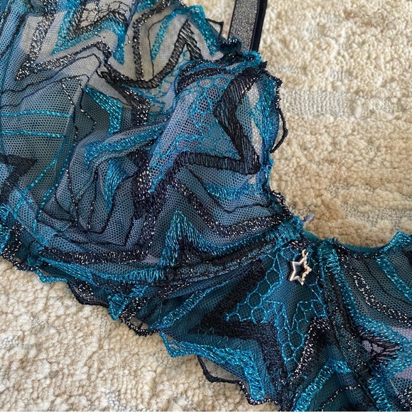 Savage X Fenty Bra Unlined Sheer Underwired Lace Teal Star Wide Back: 36C - Picture 2 of 10
